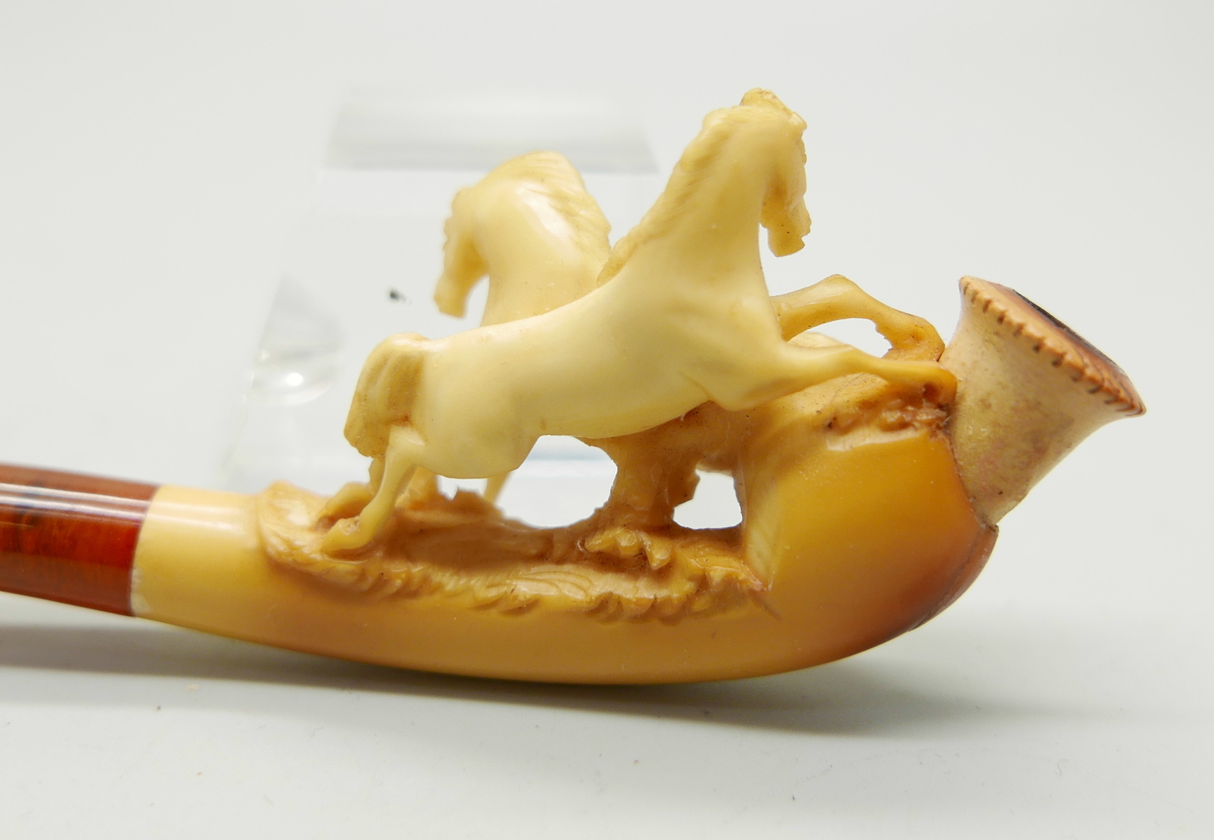 Three small hand carved Meerschaum pipes, two with horses and one with a pair of stags, amber stems, - Image 7 of 12
