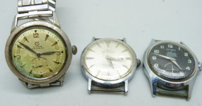 Three gentleman's wristwatches, Oris, Cyma Watersport and one marked Lottery