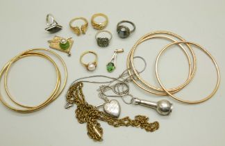 Gold tone jewellery, a 9ct gold backed ring and other silver jewellery