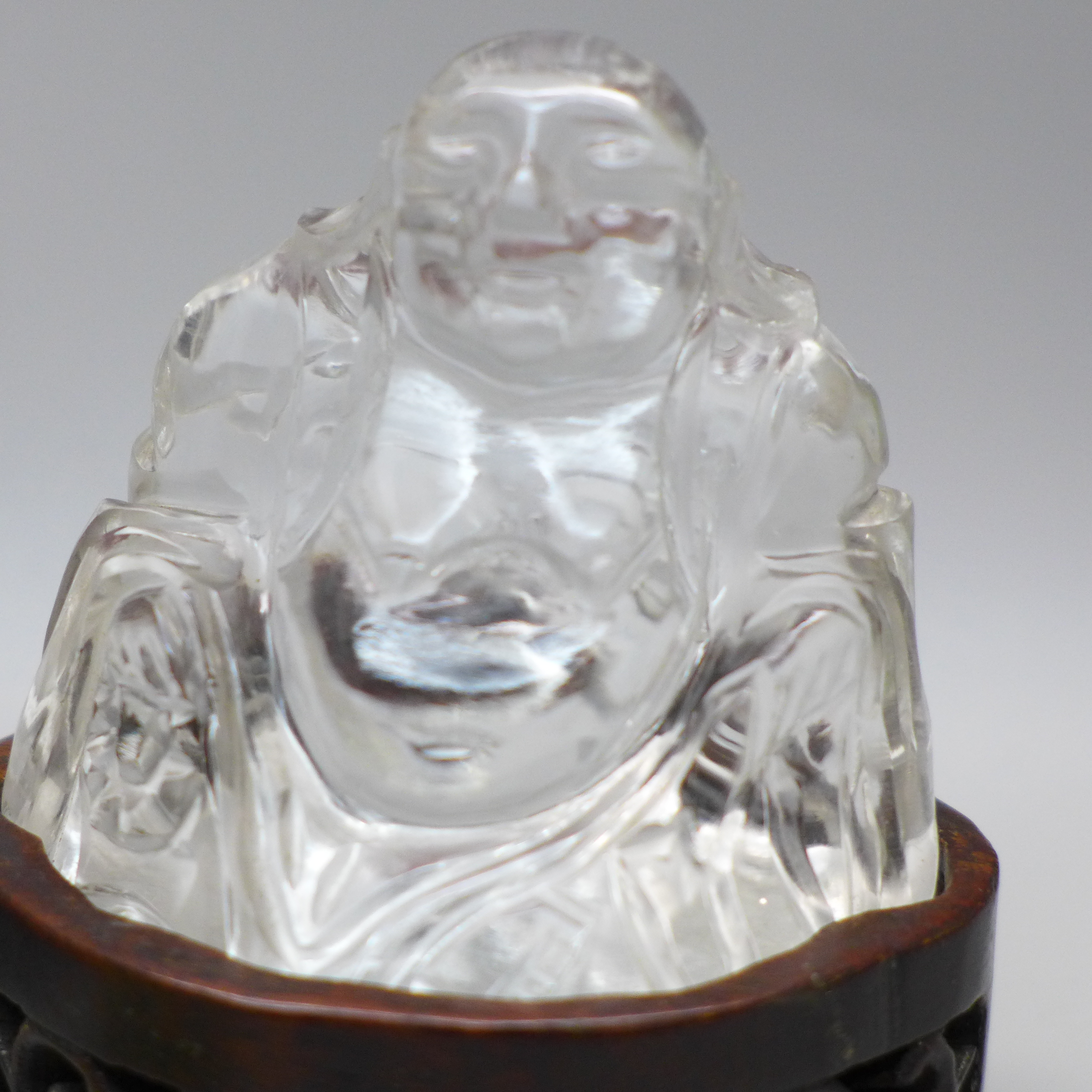Two rock crystal mounted figures; Buddha and a pair of birds, tiny chip to beak and a small green - Image 3 of 4