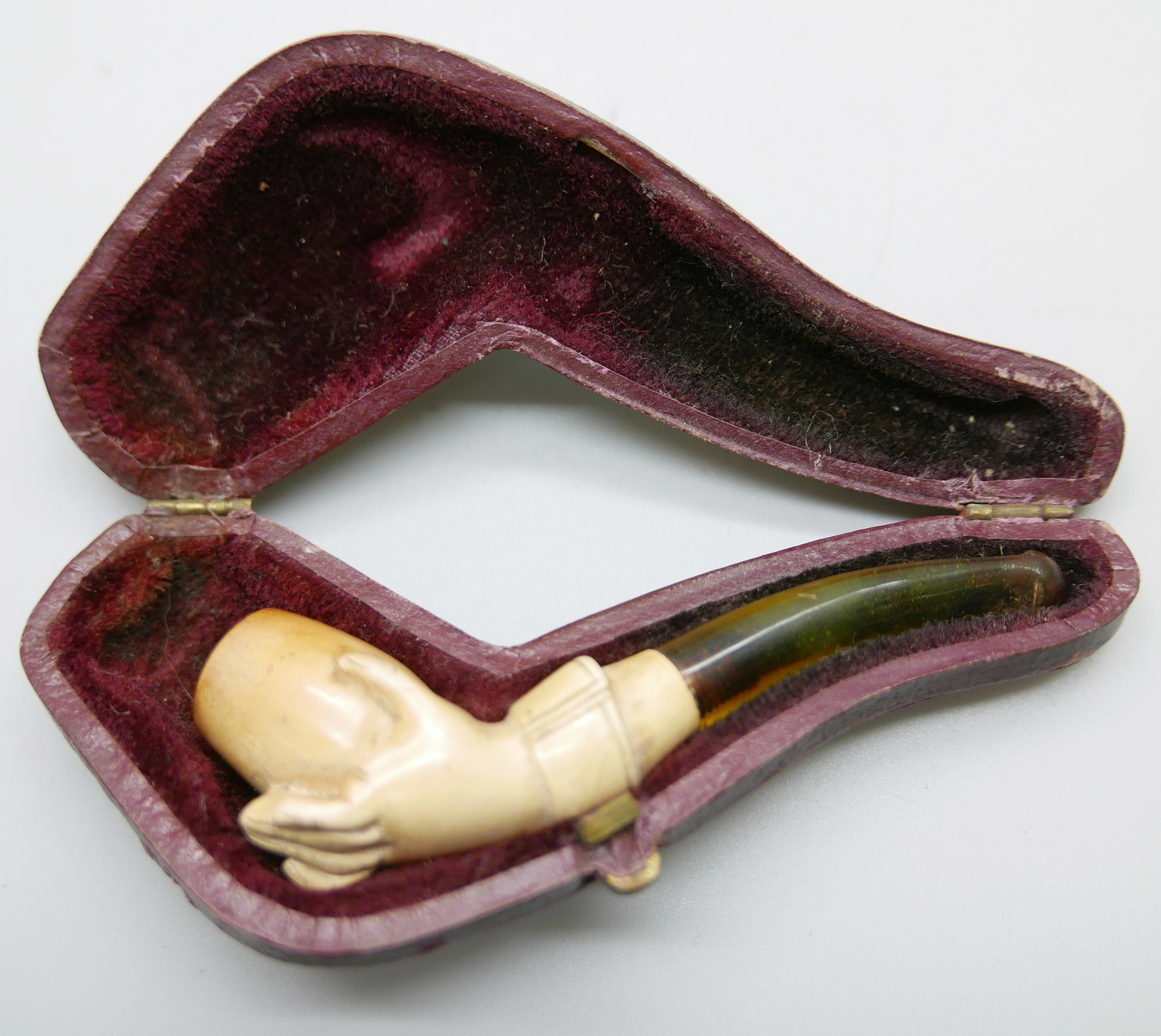 Two hand carved Meerschaum pipes in the form of a lady's hand in glove, the larger pipe with - Image 8 of 8