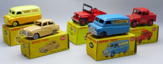 Five Dinky Toys vehicles, 160 Austin A30 Saloon, 255 Mersey Tunnel Police Van, 405 Universal Jeep,