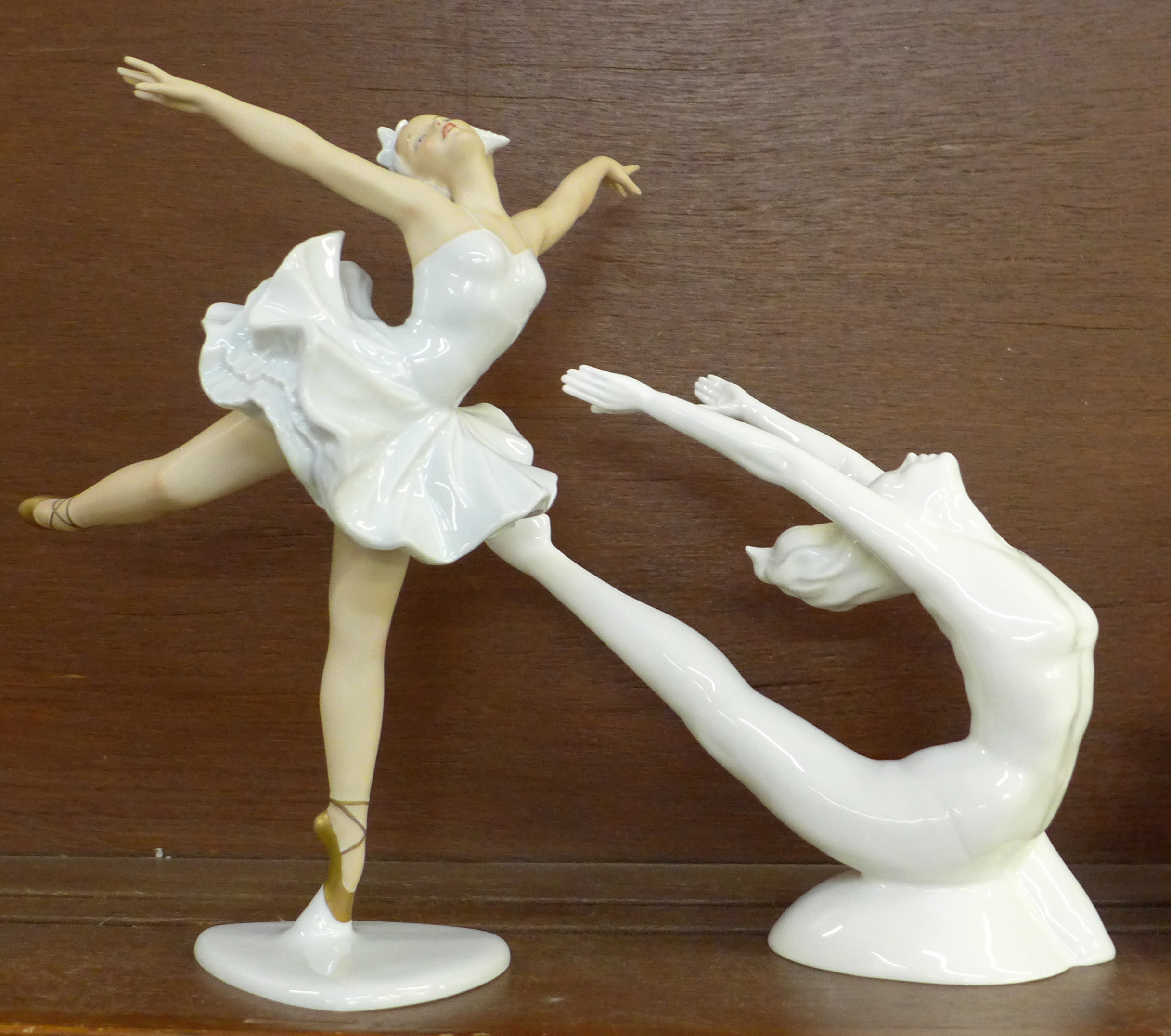 Three Dresden Germany ballerina and a Coalport Sporting Elements Stretching The Limits figurine - Image 2 of 3