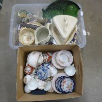 Two boxes of mixed china, large Staffordshire cheese dome, a Limoges Canton serving plate and cake
