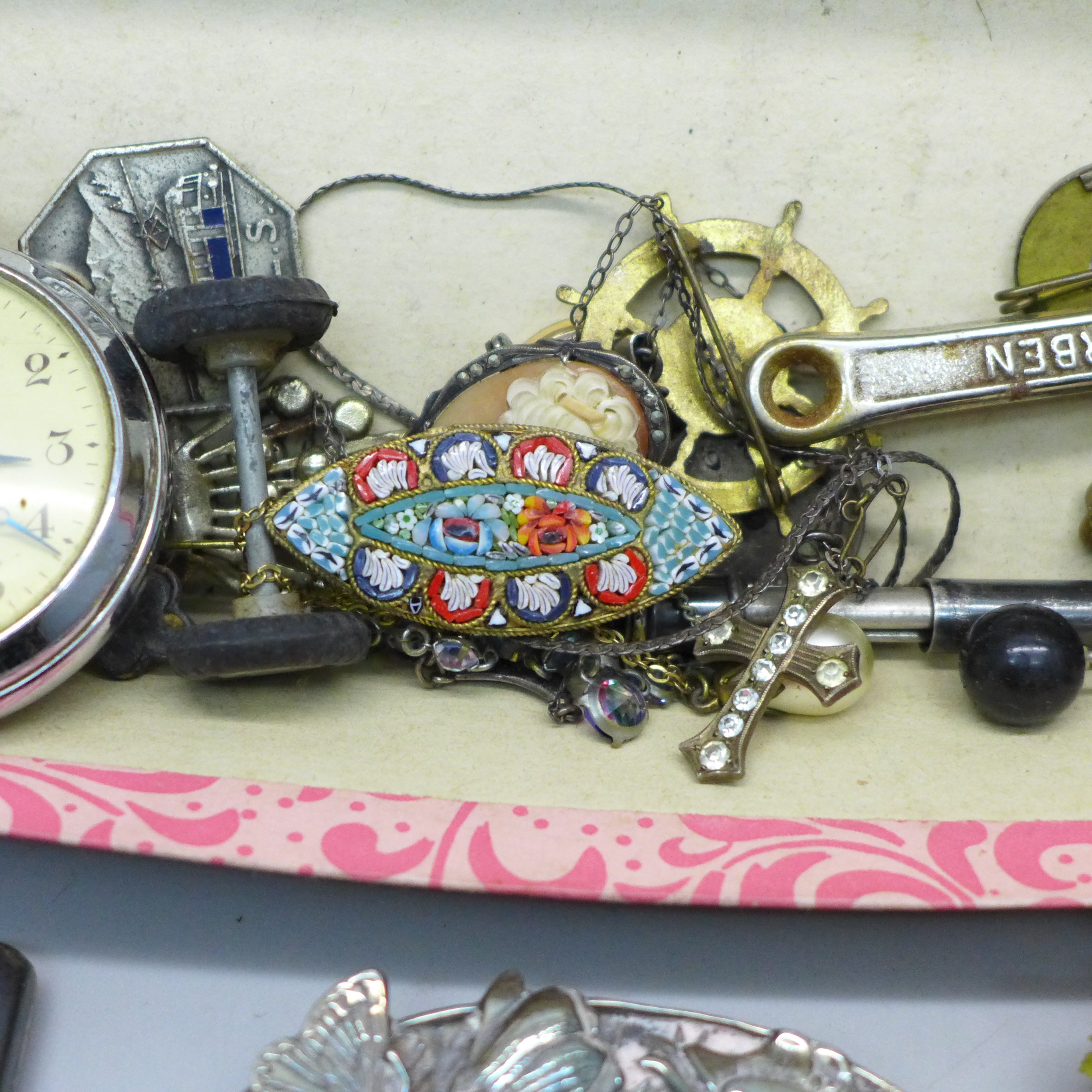 An EPNS and Japanese cigarette cases, Smiths and Ingersoll pocket watches, cameo and micro-mosaic - Image 4 of 5