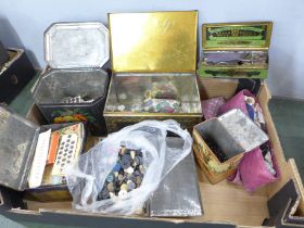 An Edward VIII tin with buttons, a Navy Cut tin and a Huntley & Palmers vintage sewing kit, etc.