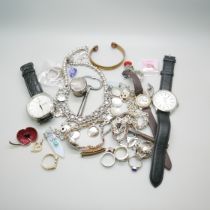 Three wristwatches, silver jewellery, silver perfume bottle top, silver rings, etc.