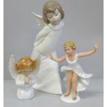 A Lladro figure, 4960 and two china figures of a dancer and angel