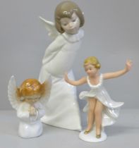 A Lladro figure, 4960 and two china figures of a dancer and angel