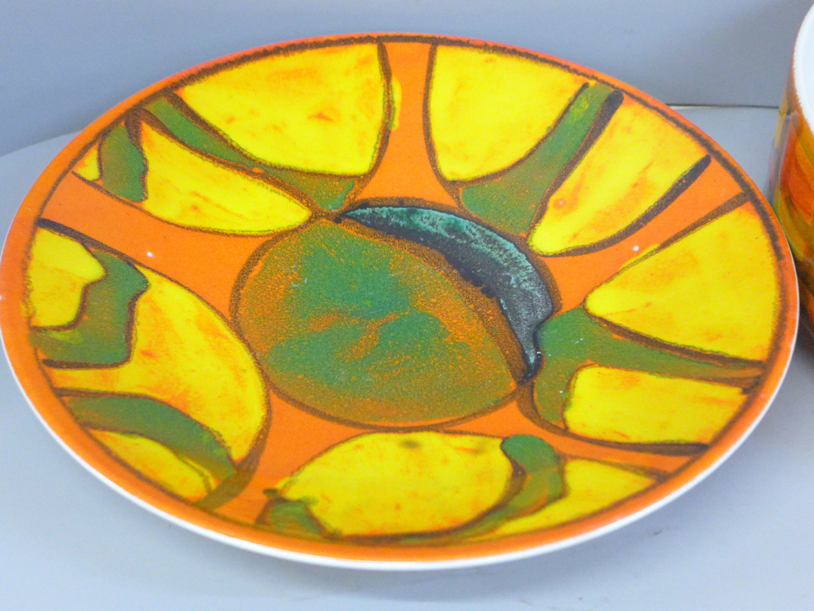 A Poole Pottery Delphis shallow dish, 26.5cm and fruit bowl, 25cm diameter, staining to back of dish - Image 3 of 5