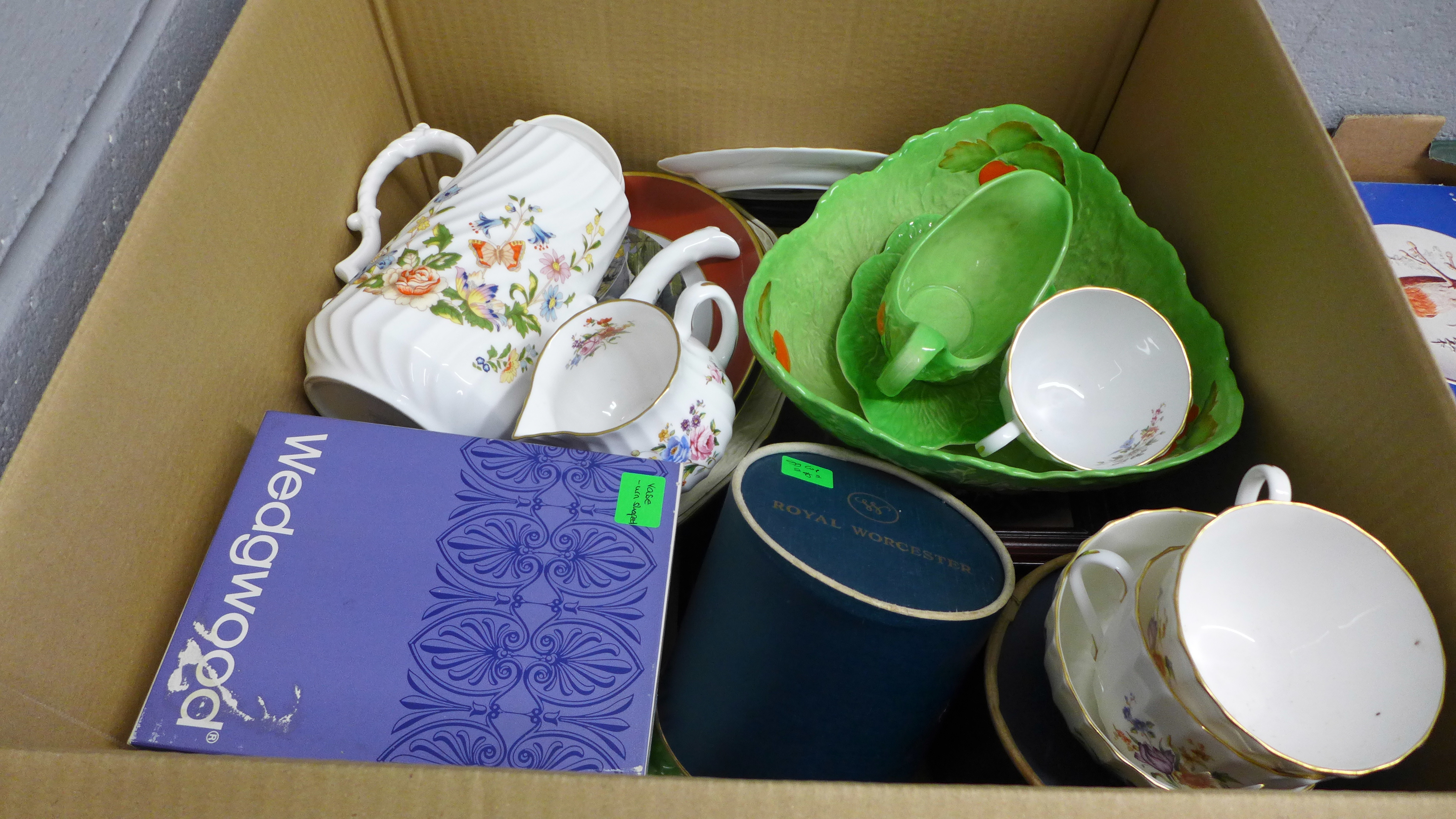 Two boxes of mixed china, Aynsley, Royal Worcester egg cups, Goebel plates, Wedgwood Jasperware - Image 3 of 3