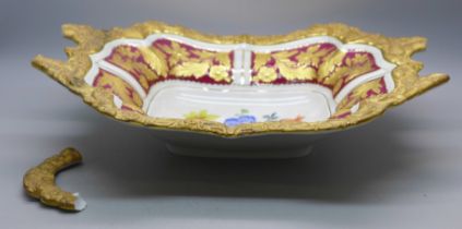 A Meissen ceremonial centrepiece/bowl, rectangular shape, heavily gilded, handles broken and only