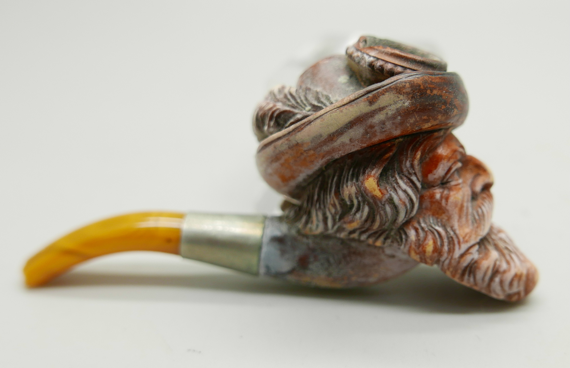 A 19th Century Meerschaum pipe with amber stem, Bavarian man with beard and hat with feather - Image 3 of 5