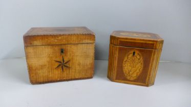 Two wooden tea caddies, one early 19th Century, both with inlaid decoration