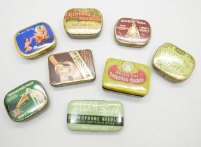A collection of eight wind-up gramophone needles tins, (all containing needles)