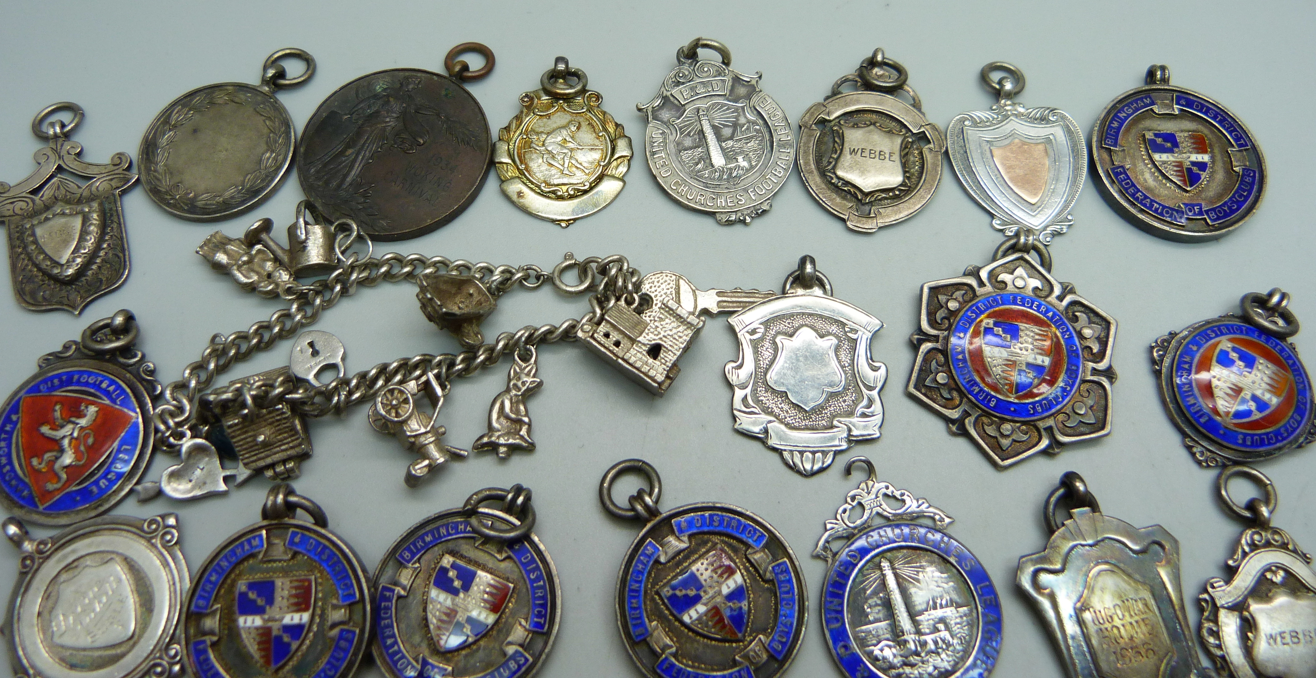 Twenty-three silver fob medals, some enamelled, 214g, four other fob medals and a charm bracelet - Image 3 of 3