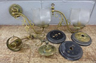 Three gas light fittings, part converted with two shades **PLEASE NOTE THIS LOT IS NOT ELIGIBLE