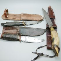 A Southern & Richardson Sheffield knife with leather scabbard, a horn handle knife with leather