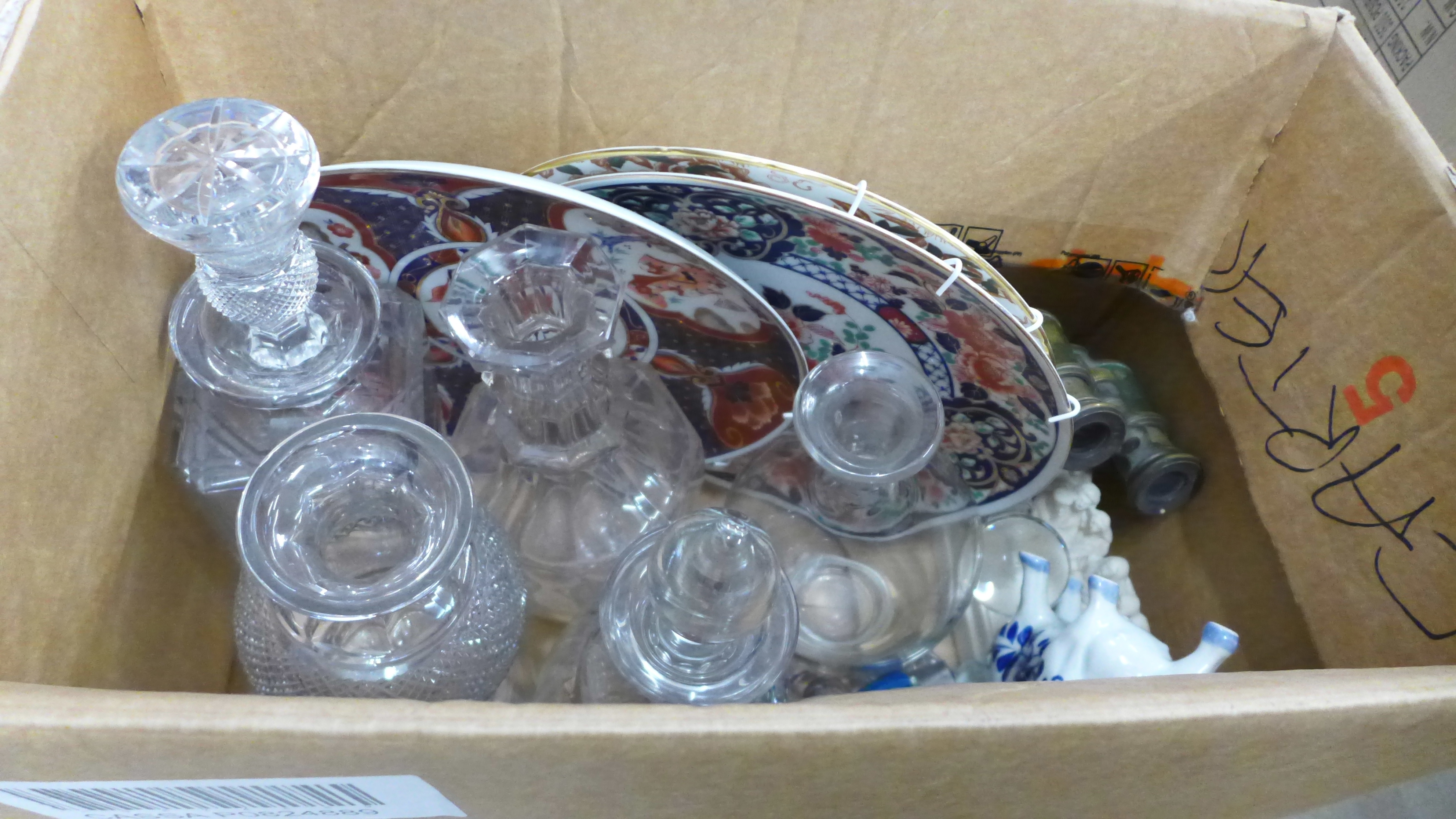 Two boxes of mixed china and glassware including decanters and a vase, novelty glass top and gilt - Image 2 of 3