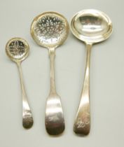 Two silver sifter spoon and a silver ladle, 19th Century, 125g