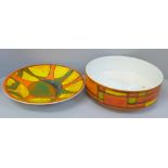 A Poole Pottery Delphis shallow dish, 26.5cm and fruit bowl, 25cm diameter, staining to back of dish
