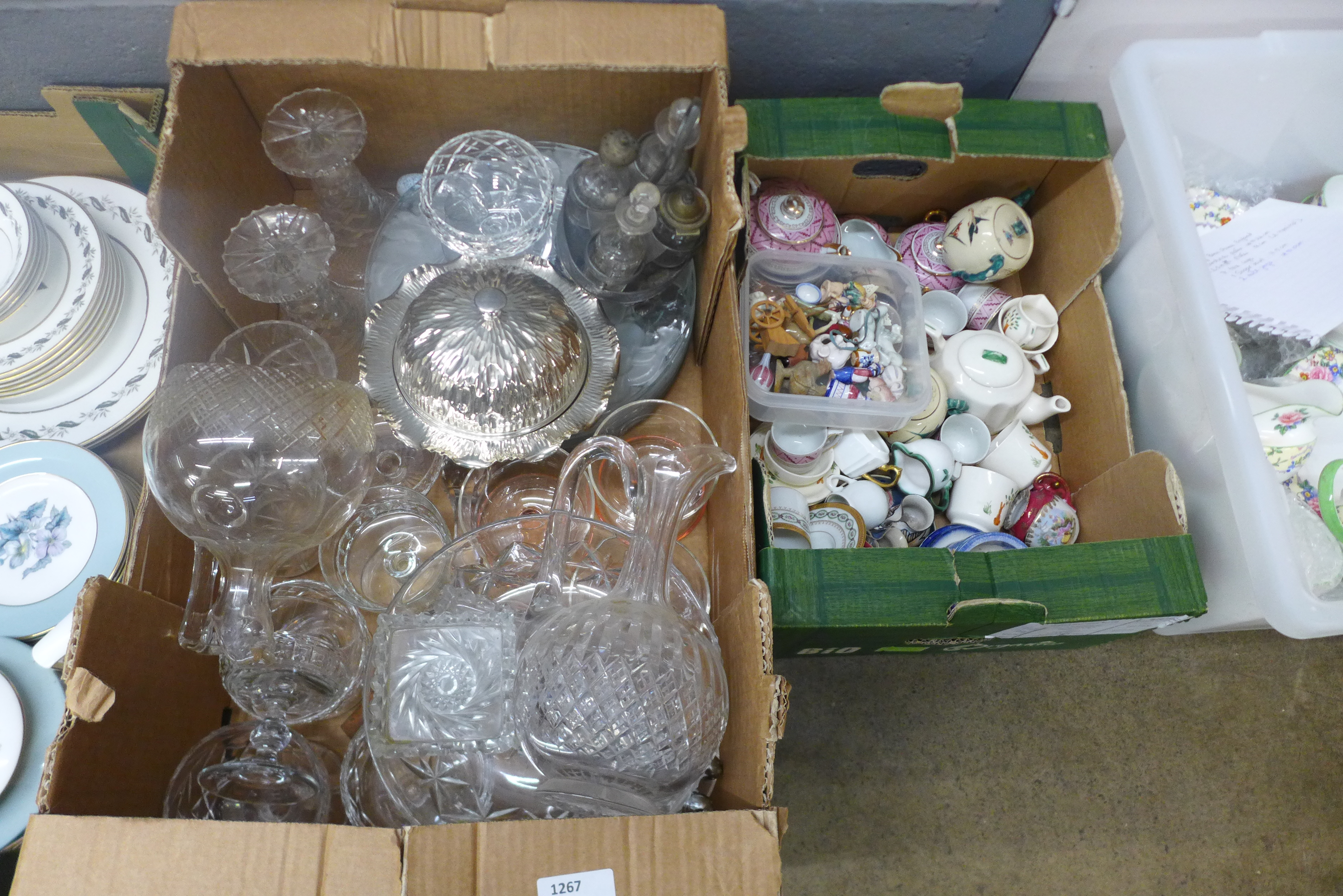 A box of assorted glassware and a box of miniature teawares **PLEASE NOTE THIS LOT IS NOT ELIGIBLE