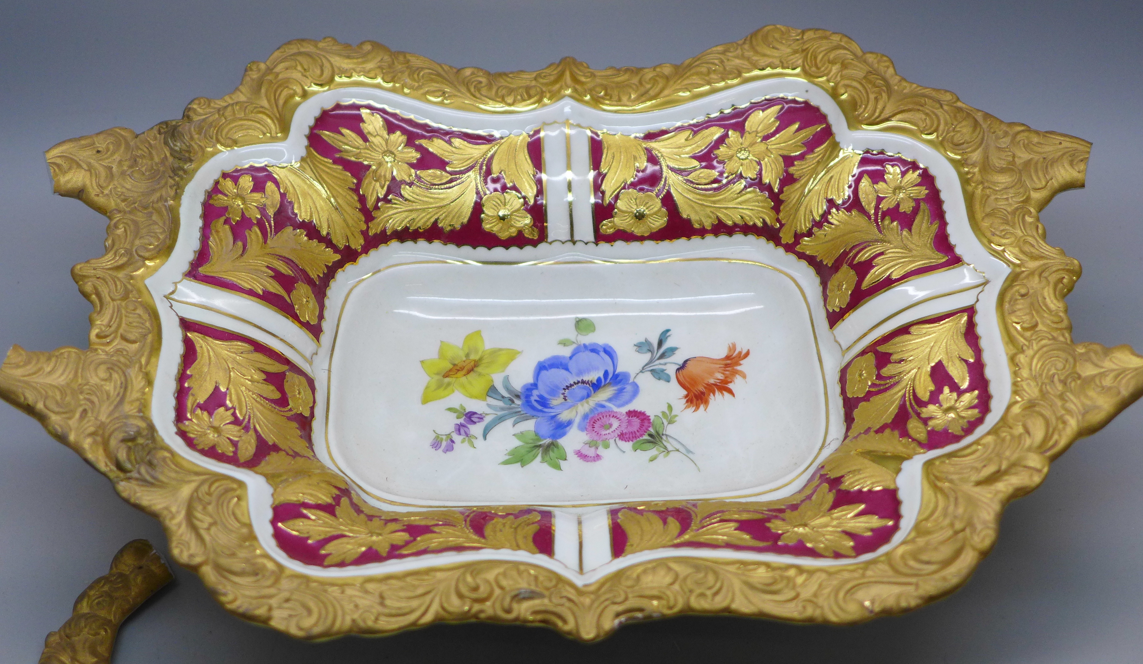 A Meissen ceremonial centrepiece/bowl, rectangular shape, heavily gilded, handles broken and only - Image 2 of 10