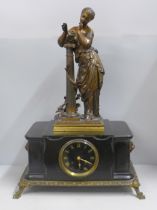 A 19th Century French belge-noir mantel clock on a cast metal frame with patinated bronze