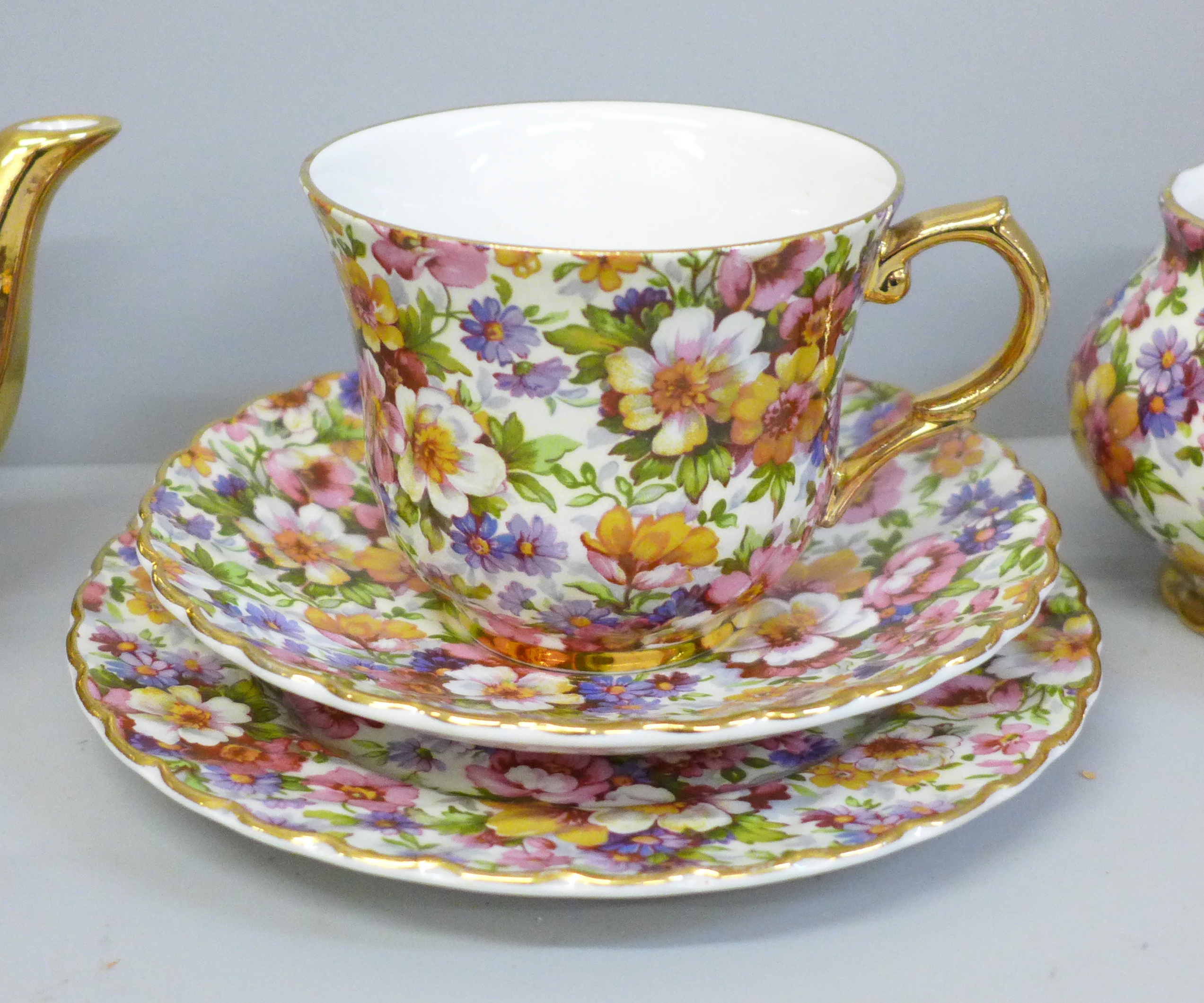 A James Kent chintz teaset for one, a Du Barry pattern chintz teapot, cream jug, sugar bowl, side - Image 2 of 5
