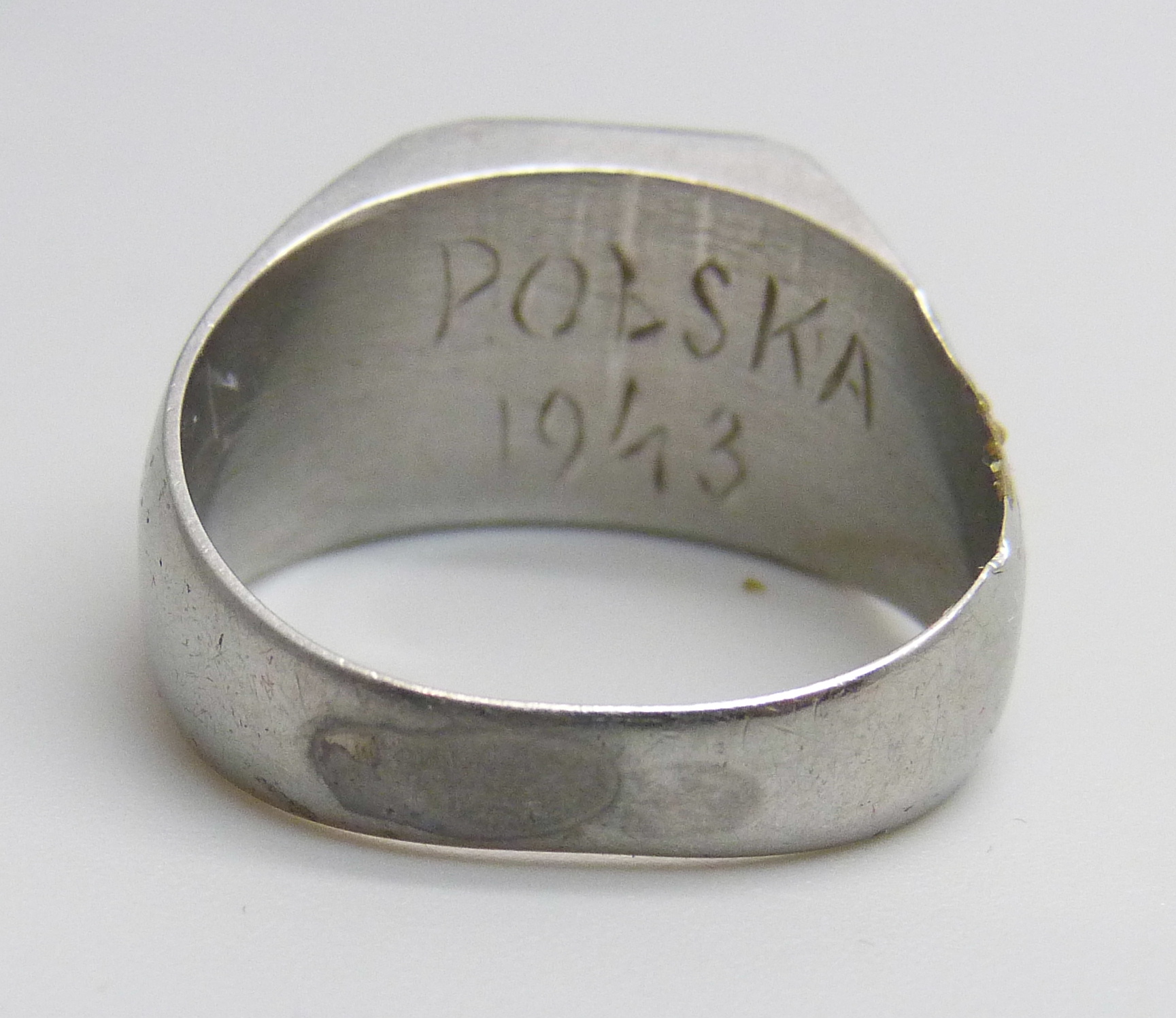A plated ring, possibly Prisoner of War made, inside marked 'Polska 1943' - Image 3 of 3