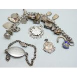 A silver charm bracelet, two silver pendants and a bracelet, 68g