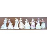 Eight Wedgwood porcelain figures of ladies, four designed by Shirley Curzon