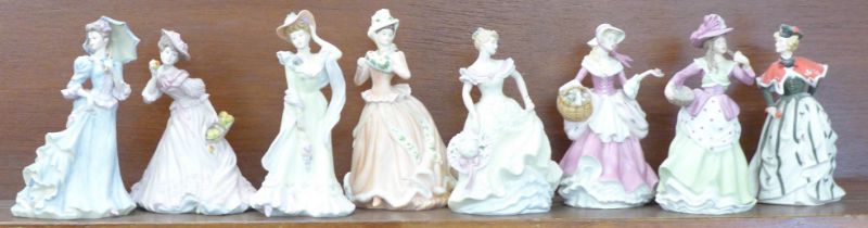 Eight Wedgwood porcelain figures of ladies, four designed by Shirley Curzon
