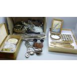 A gilt metal jewellery casket, costume jewellery, wristwatch, pens, spoons, fish knives and forks,