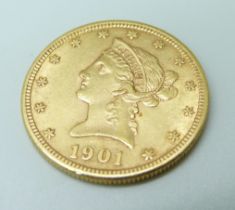 A United States ten dollars gold coin, 1901, 16.7g