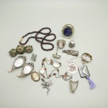 A collection of silver and silver mounted jewellery, including an Irish silver harp brooch, a 925