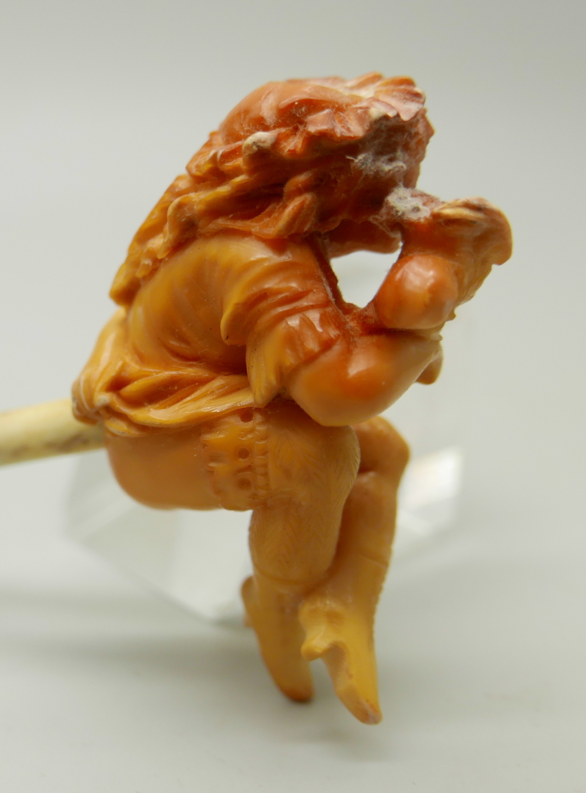 A carved Meerschaum pipe of a scantily clad young lady, with bone stem separate, cased - Image 4 of 7