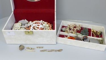 A jewellery box with costume jewellery and some scrap 9ct gold (4.9g)