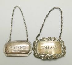 Two silver whisky labels