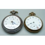 A gold plated top-wind A. Reymond pocket watch and an alarm pocket watch