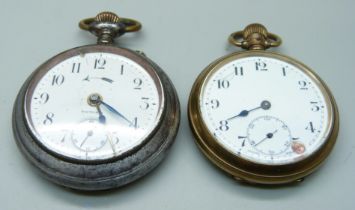 A gold plated top-wind A. Reymond pocket watch and an alarm pocket watch
