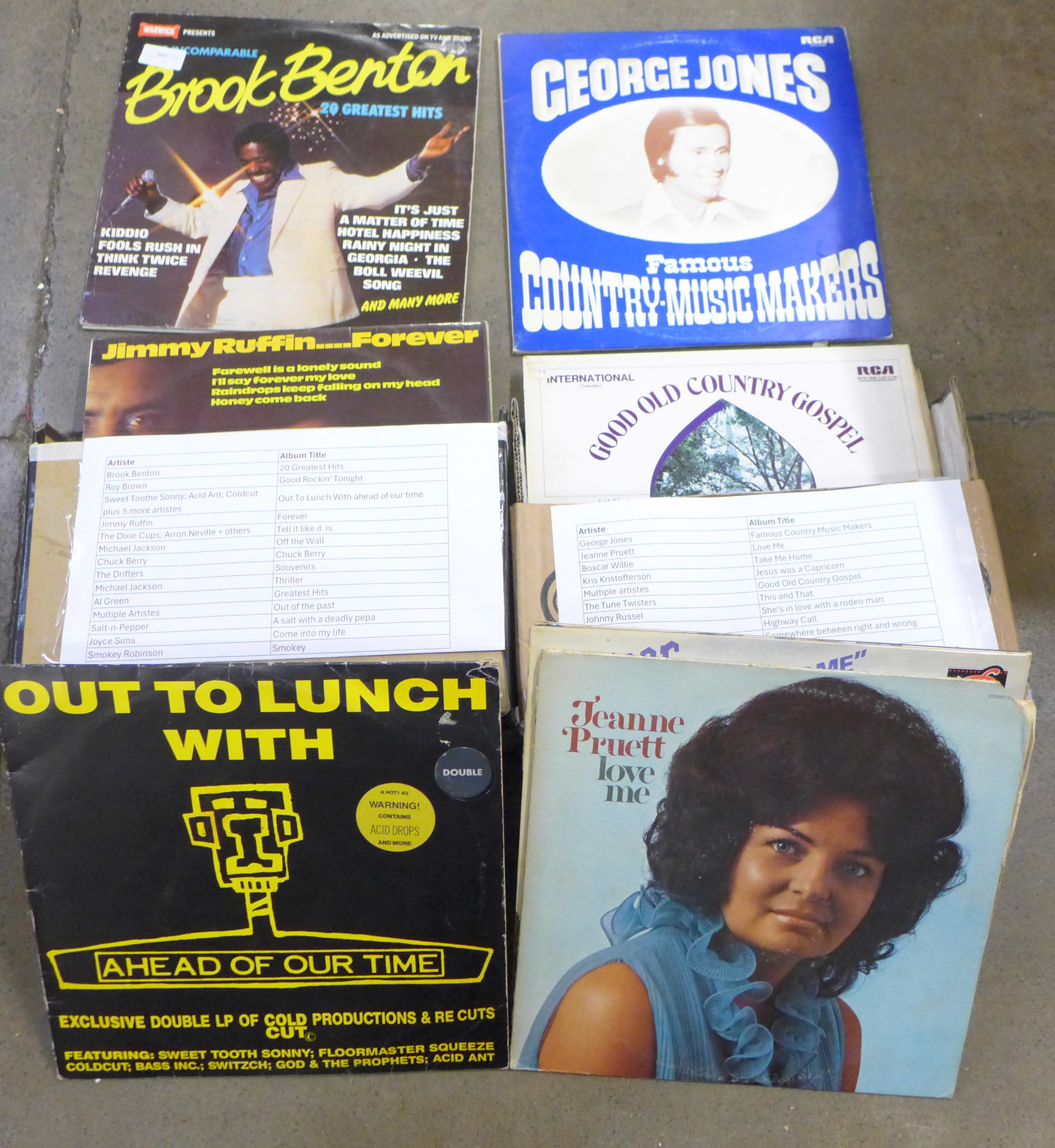 Two boxes of LP records, Brook Benton, Michael Jackson, Chuck Berry, Salt n Pepper, Bluegrass