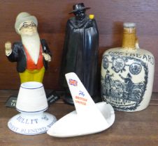 Five advertising items; Younger's Tartan Keg, Royal Doulton Sandeman decanter, British United