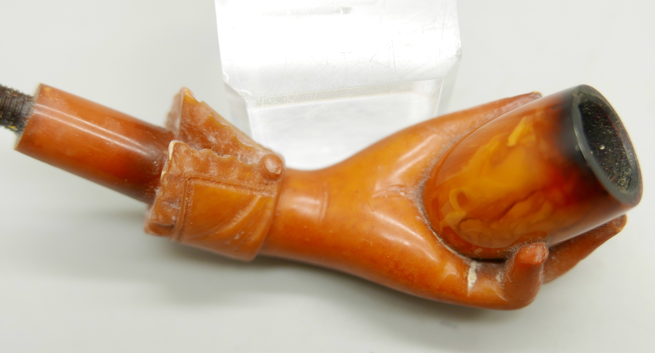 Two hand carved Meerschaum pipes in the form of a lady's hand in glove, the larger pipe with - Image 5 of 8