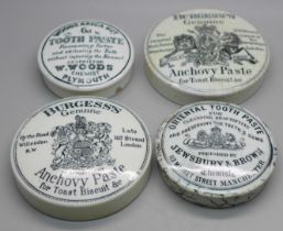 Four pot lids; Jewsbury & Brown, Burgess's x2 and Woods