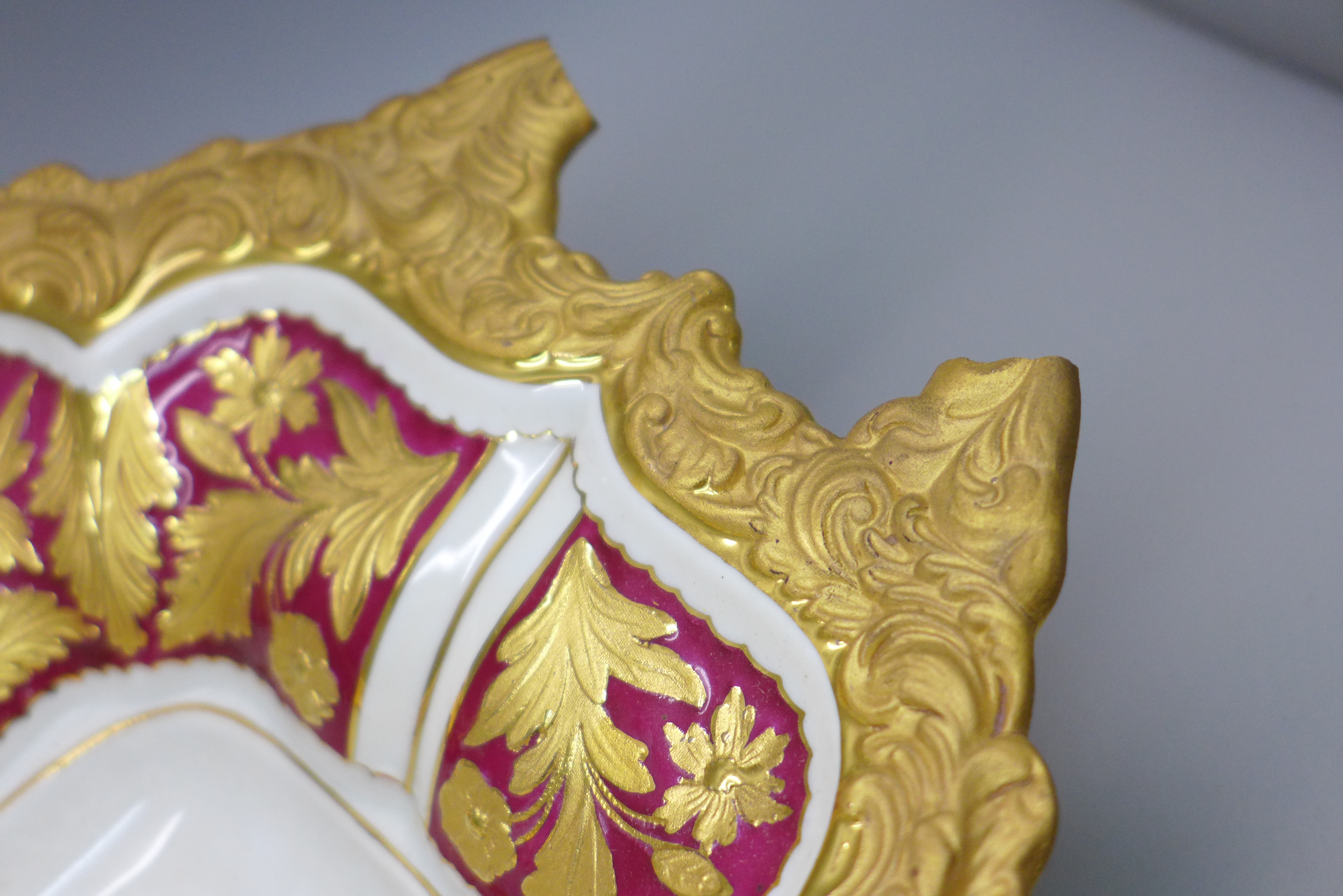 A Meissen ceremonial centrepiece/bowl, rectangular shape, heavily gilded, handles broken and only - Image 5 of 10