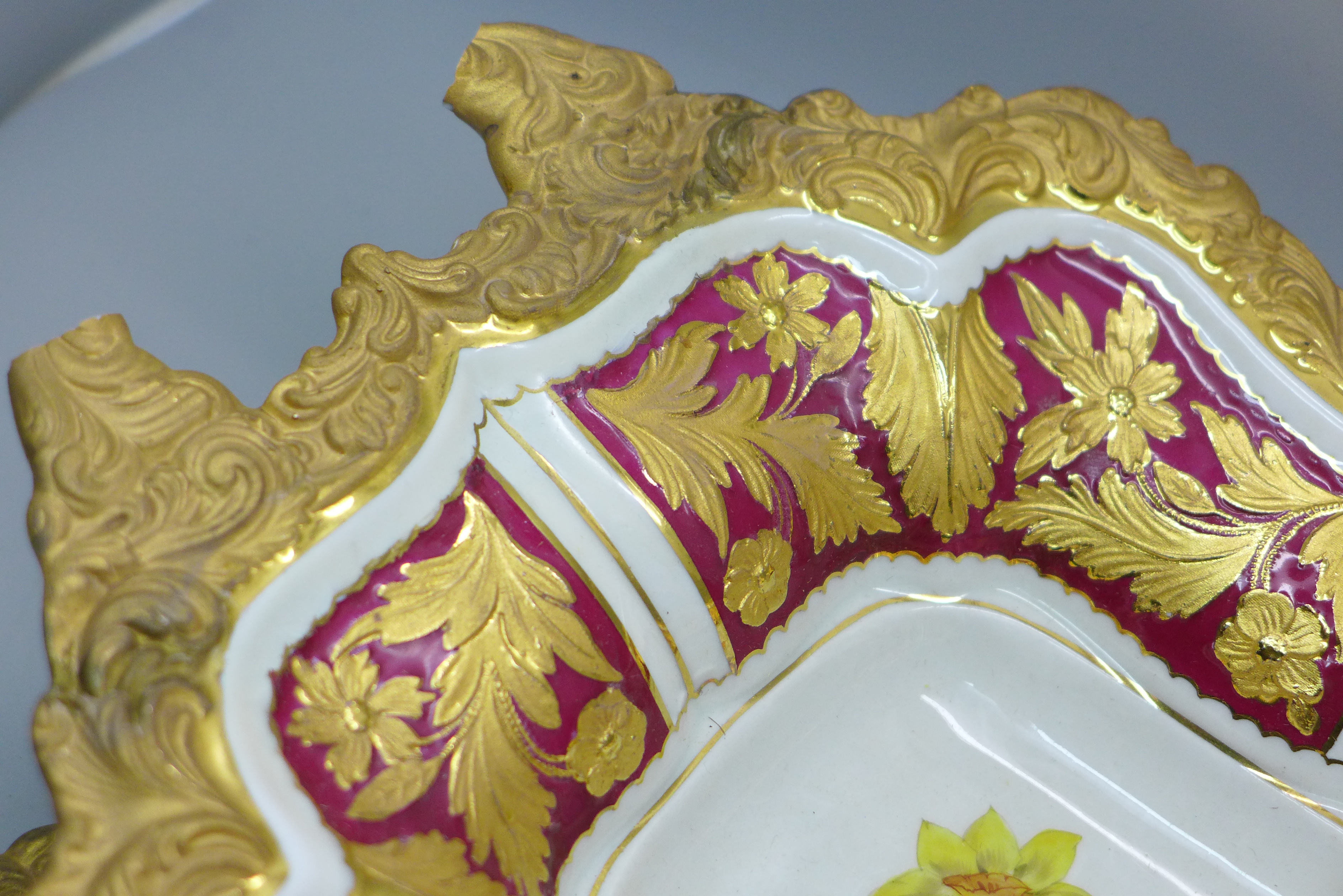 A Meissen ceremonial centrepiece/bowl, rectangular shape, heavily gilded, handles broken and only - Image 4 of 10