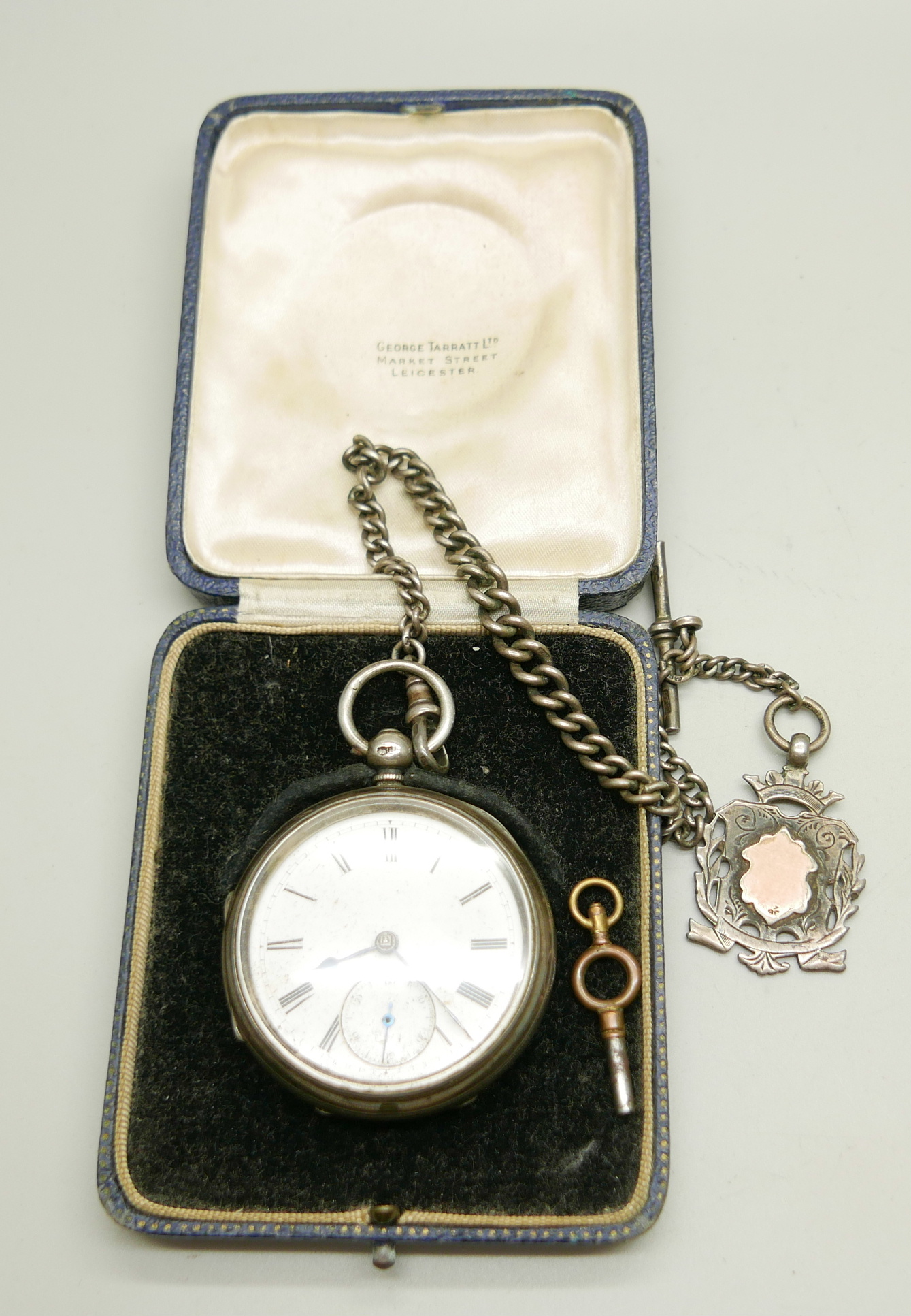 A silver pocket watch, a silver Albert chain, fob and key, boxed - Image 6 of 7