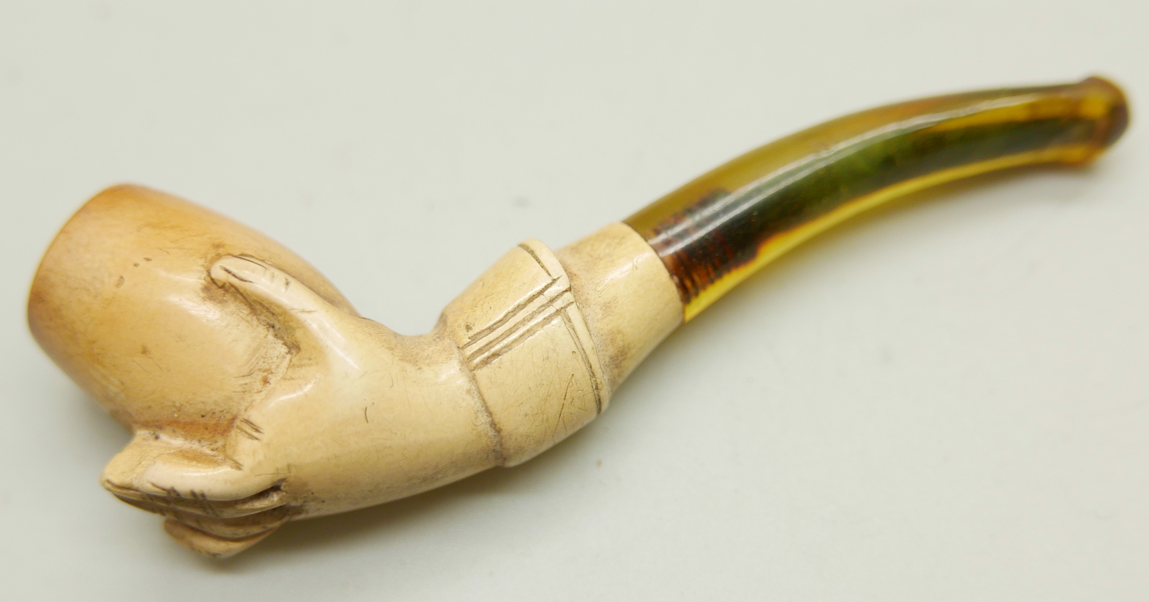 Two hand carved Meerschaum pipes in the form of a lady's hand in glove, the larger pipe with - Image 6 of 8