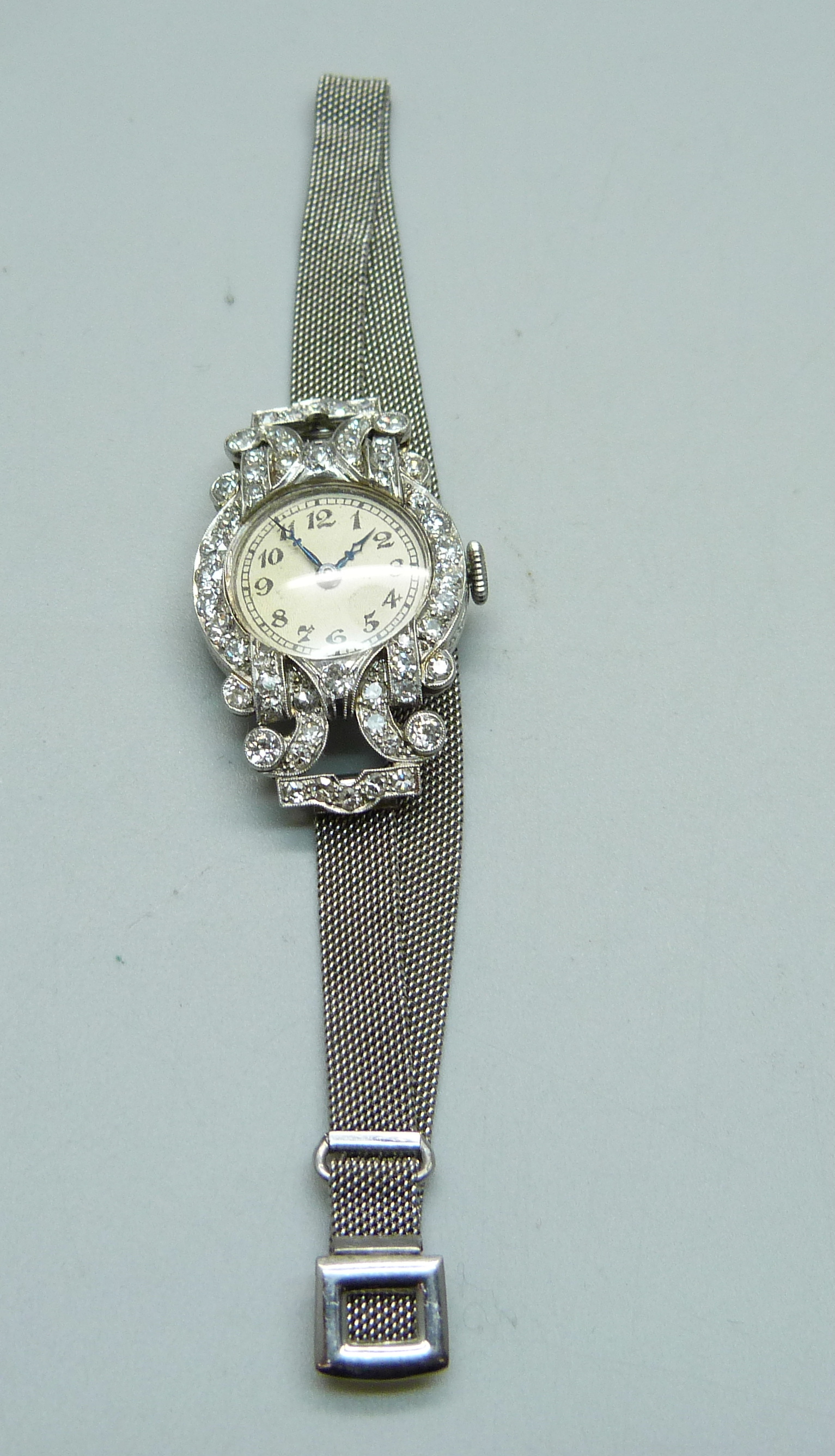A lady's Art Deco platinum and diamond set cocktail wristwatch, inscription to case back 'D.M.S. 2: - Image 3 of 3
